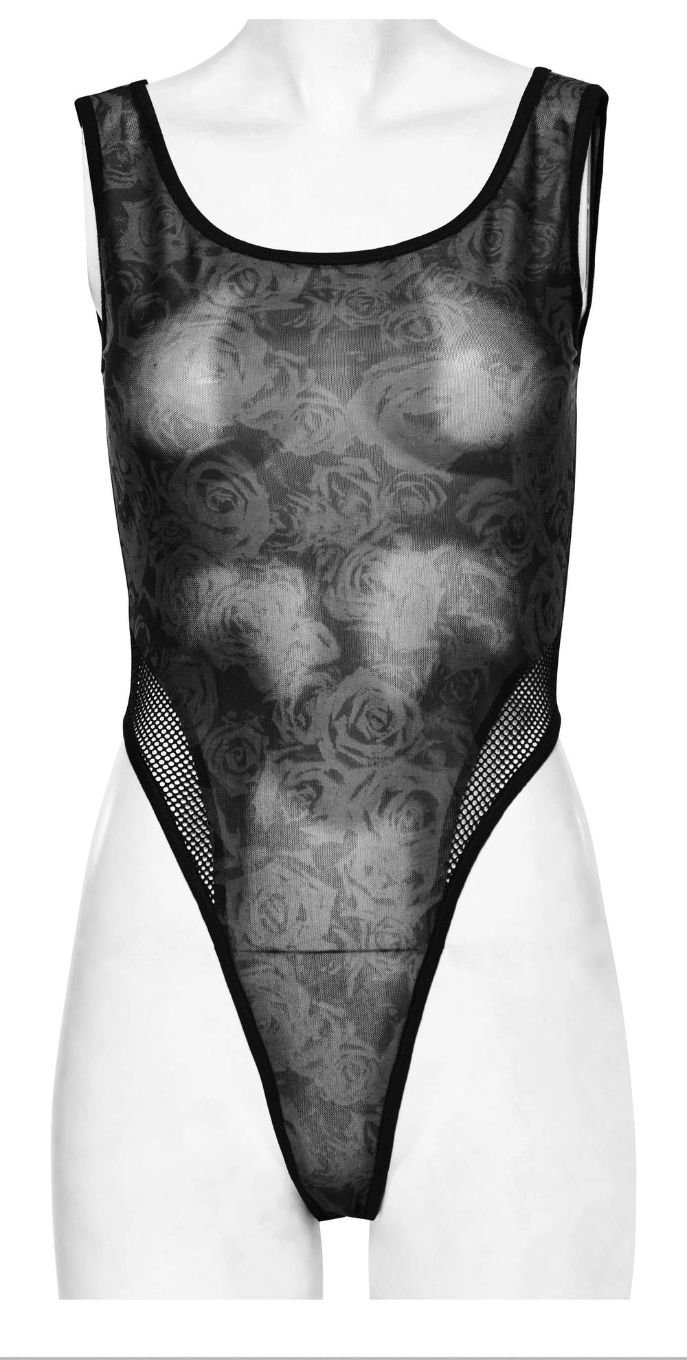 Edgy Women's Black Floral Bodysuit with Mesh Accents