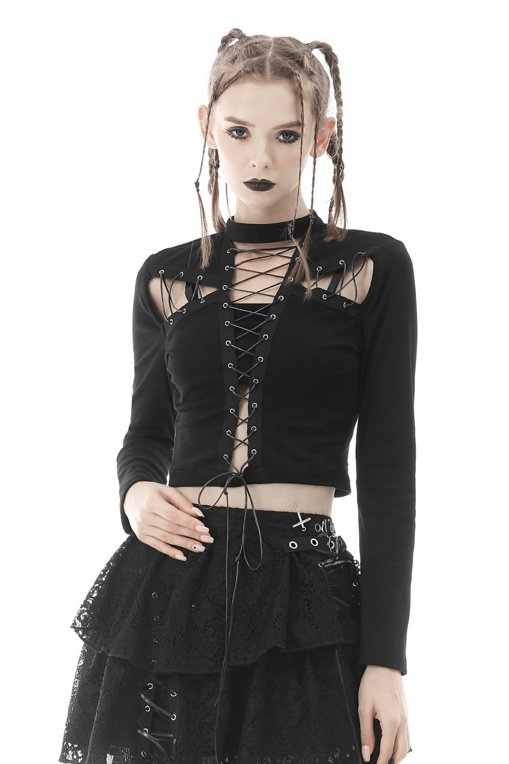 Edgy Women's Black Lace-Up Crop Top with Long Sleeves