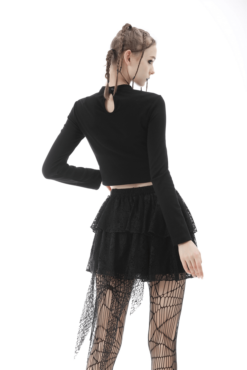 Edgy Women's Black Lace-Up Crop Top with Long Sleeves