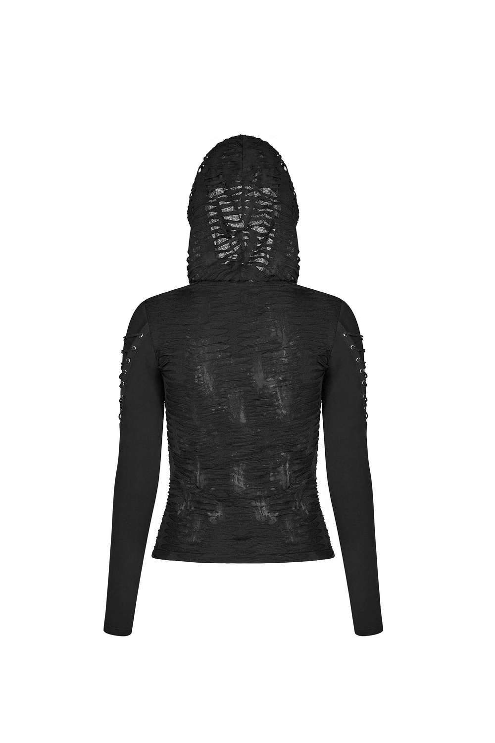 Back view of an edgy black lace-up detail hooded sweatshirt showcasing unique textured fabric and lace-up sleeves.
