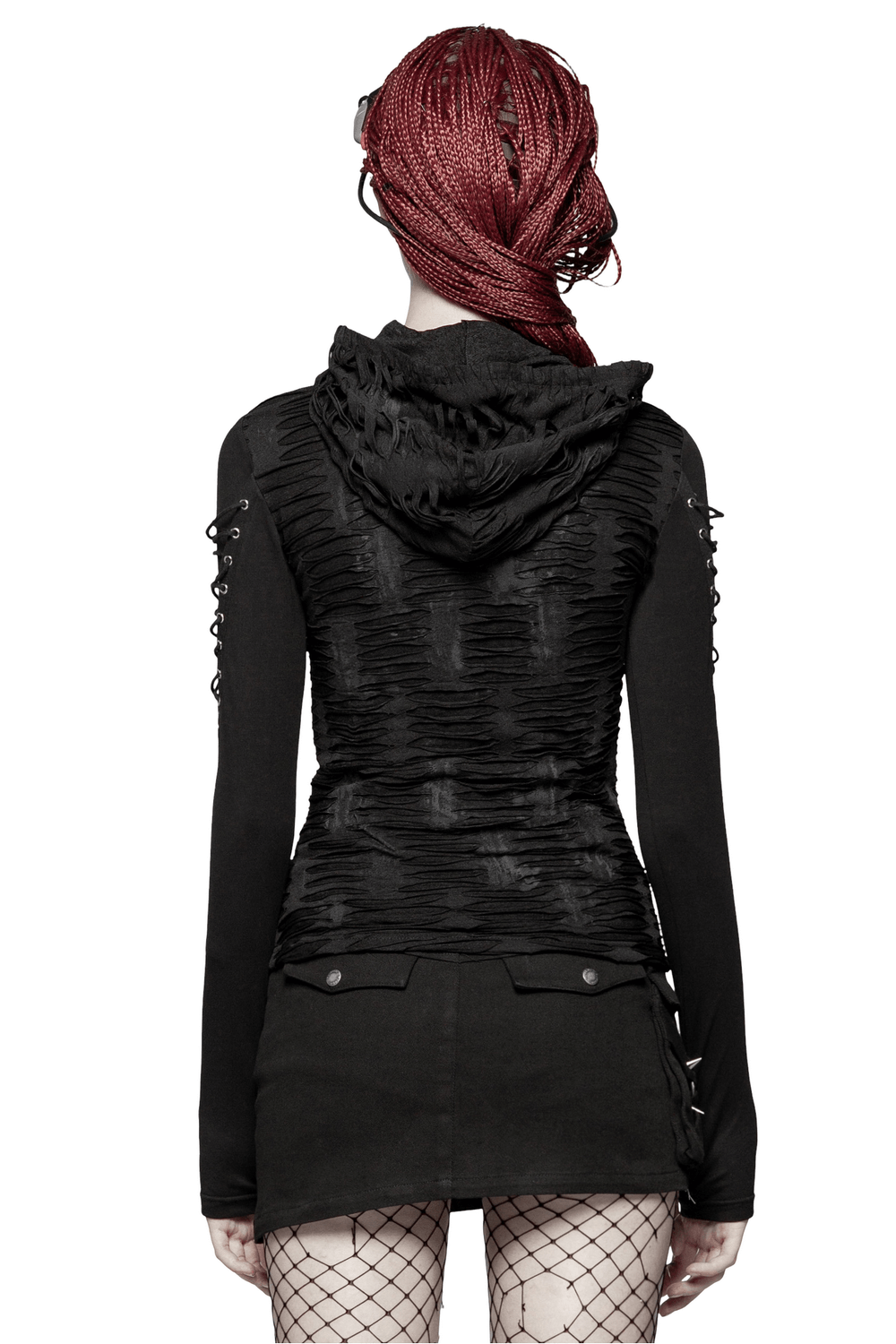 Stylish back view of edgy women's black lace-up detail hooded sweatshirt with dramatic fabric textures.