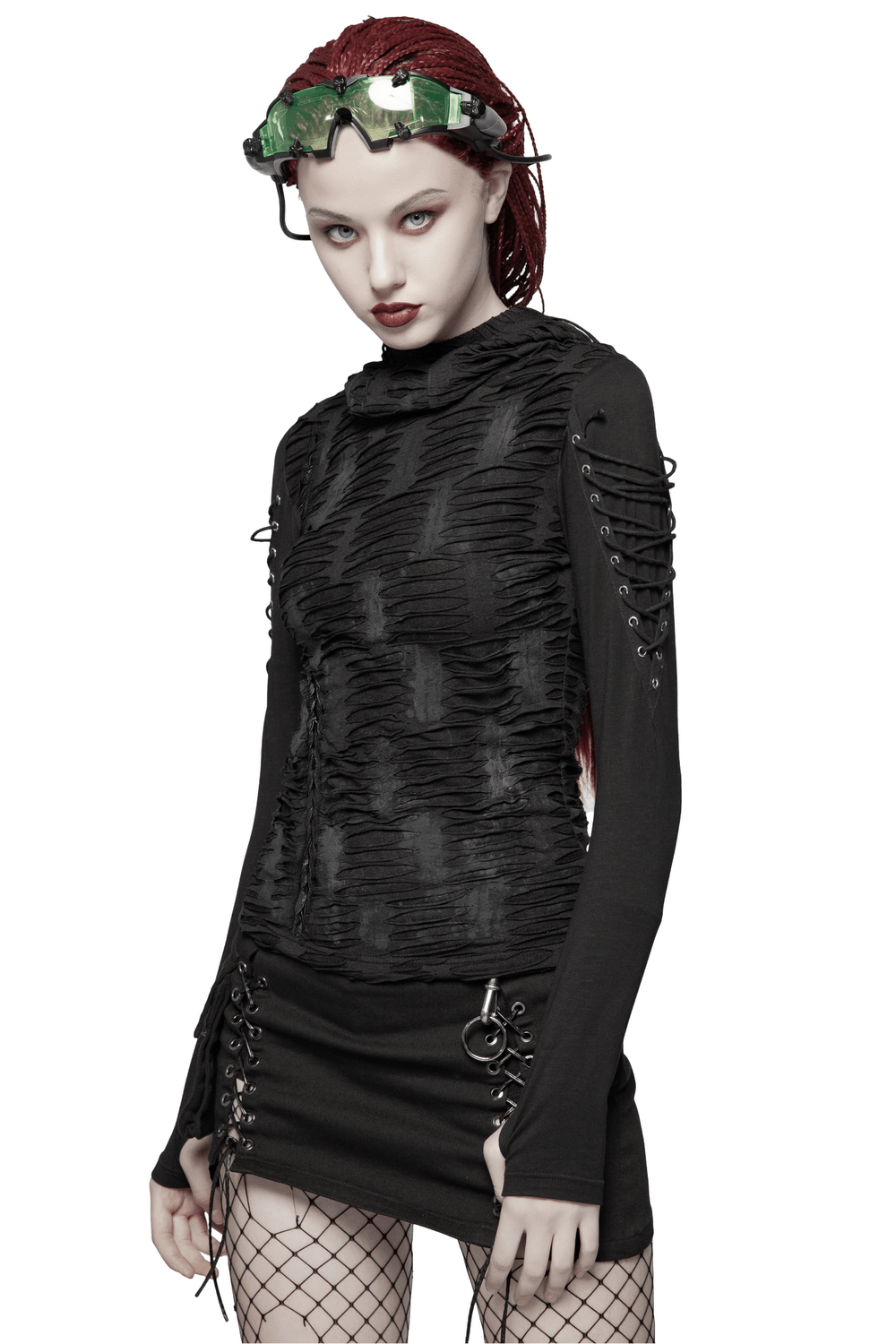 Edgy women's black lace-up hoodie with dramatic detail, perfect for a goth-inspired fashion statement.