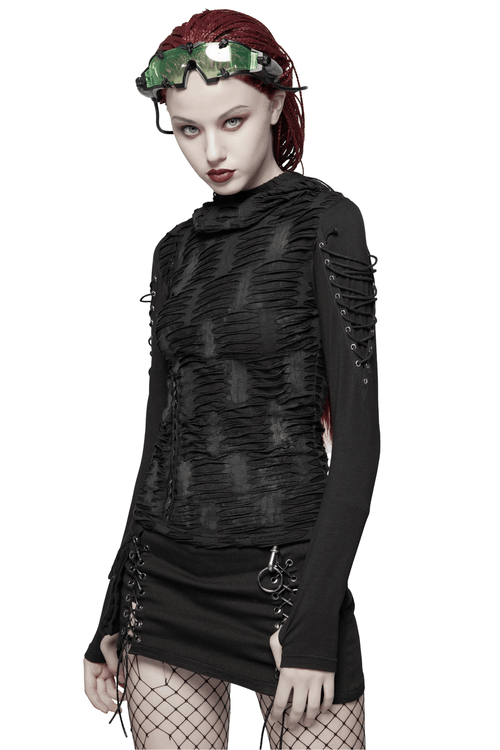 Edgy Women's Black Lace Up Detail Hooded Sweatshirt