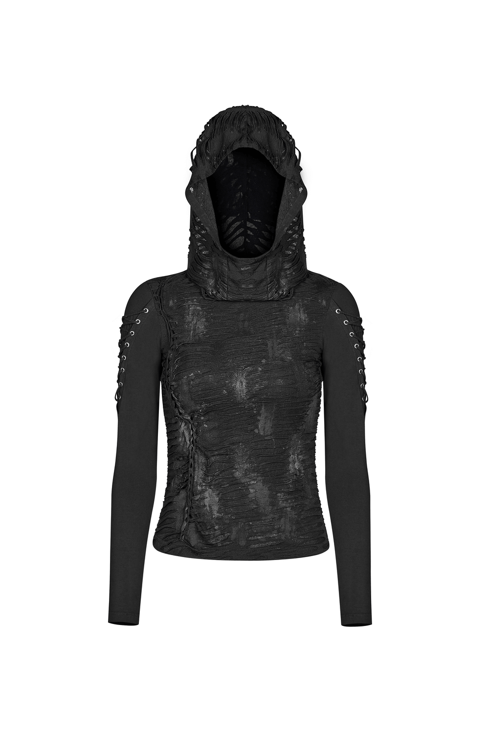 Edgy black lace-up detail hooded sweatshirt for women, featuring unique fabric and vintage-inspired flourishes.