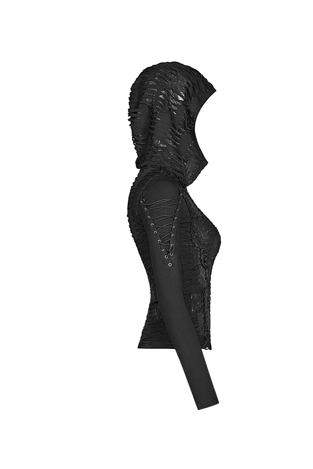 Edgy women's black lace-up hooded sweatshirt with unique textured fabric and dramatic sleeve details.