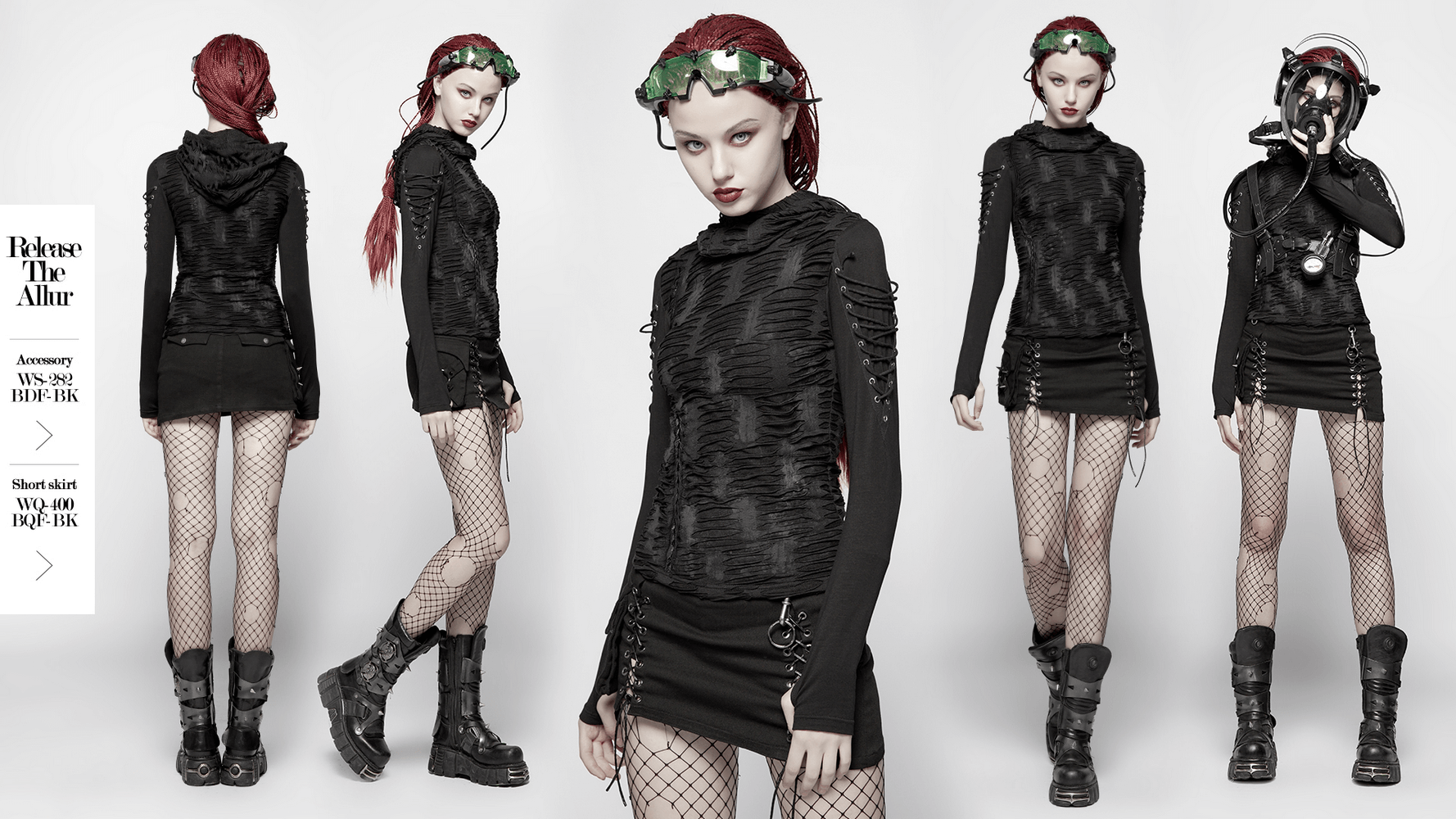 Edgy women's black lace-up hoodie with dramatic detail, paired with a stylish mini skirt and fishnet stockings.