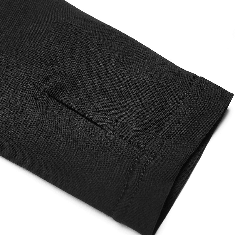 Close-up of black hoodie sleeve showcasing lace-up detail and stylish stitching.