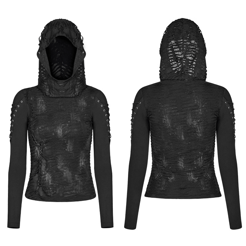 Edgy black lace-up hoodie featuring dramatic sleeve details and textured fabric, perfect for a gothic style.