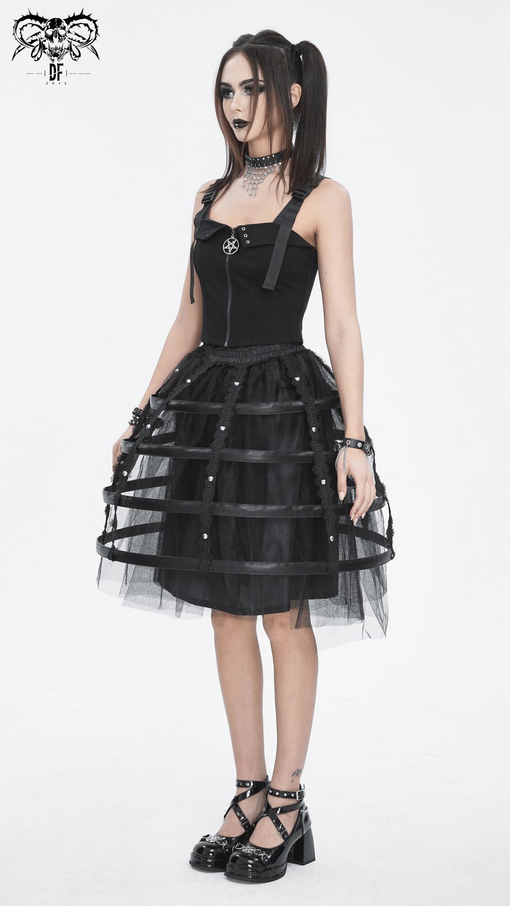 Edgy Women's Black Tulle Skirt with Punk Rock Cage