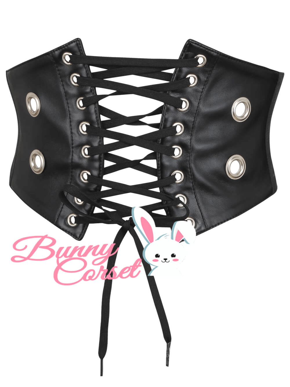 Edgy women's faux leather corset belt with stylish lace-up design and eyelets for a dramatic silhouette.