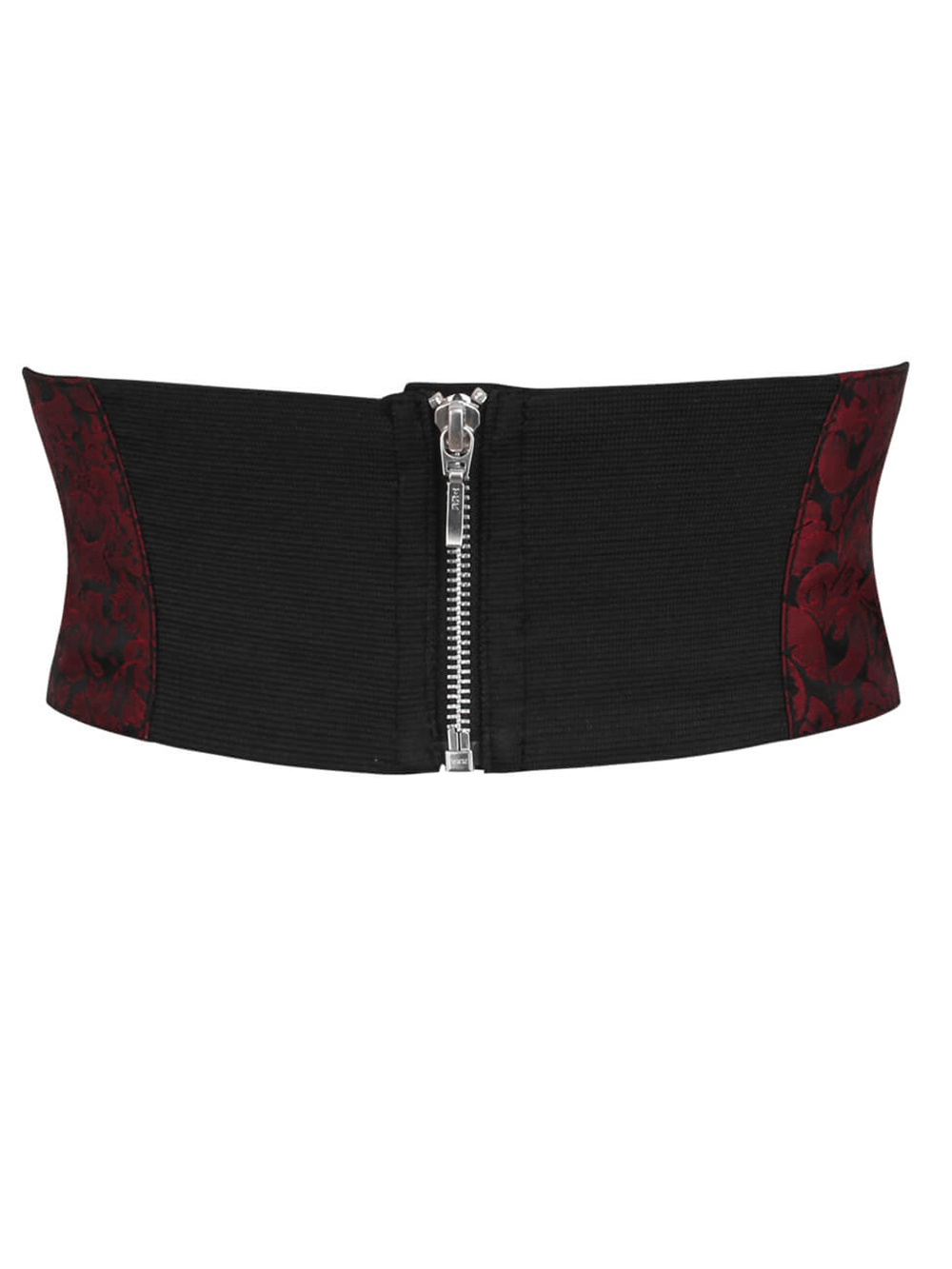 Edgy women's brocade and faux leather corset belt with zip closure, waist-defining design, and stylish detailing.