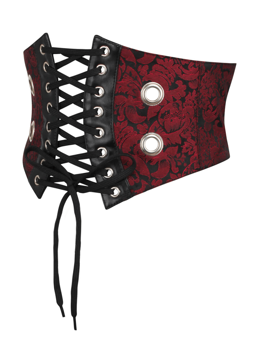 Edgy women's brocade and faux leather corset belt in red and black with lace-up design for a stylish silhouette.