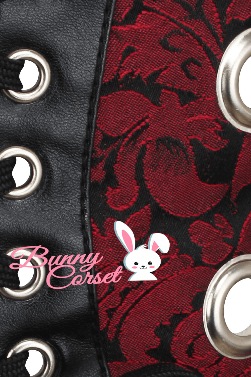 Close-up of women's brocade and faux leather corset belt featuring decorative grommets and elegant design.