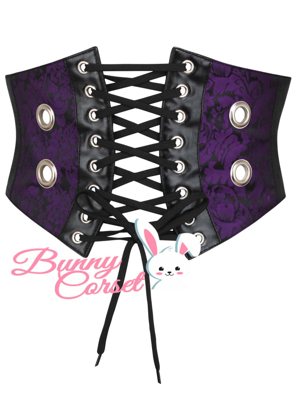 Elegant purple brocade and faux leather corset belt with laced design, ideal for accentuating the waistline.