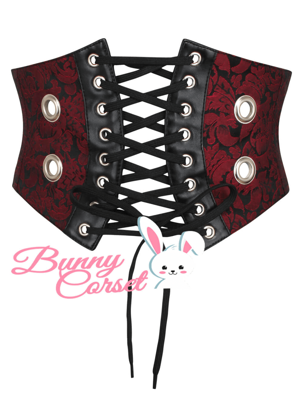 Elegant women's brocade and faux leather corset belt with lace-up design and eyelets.