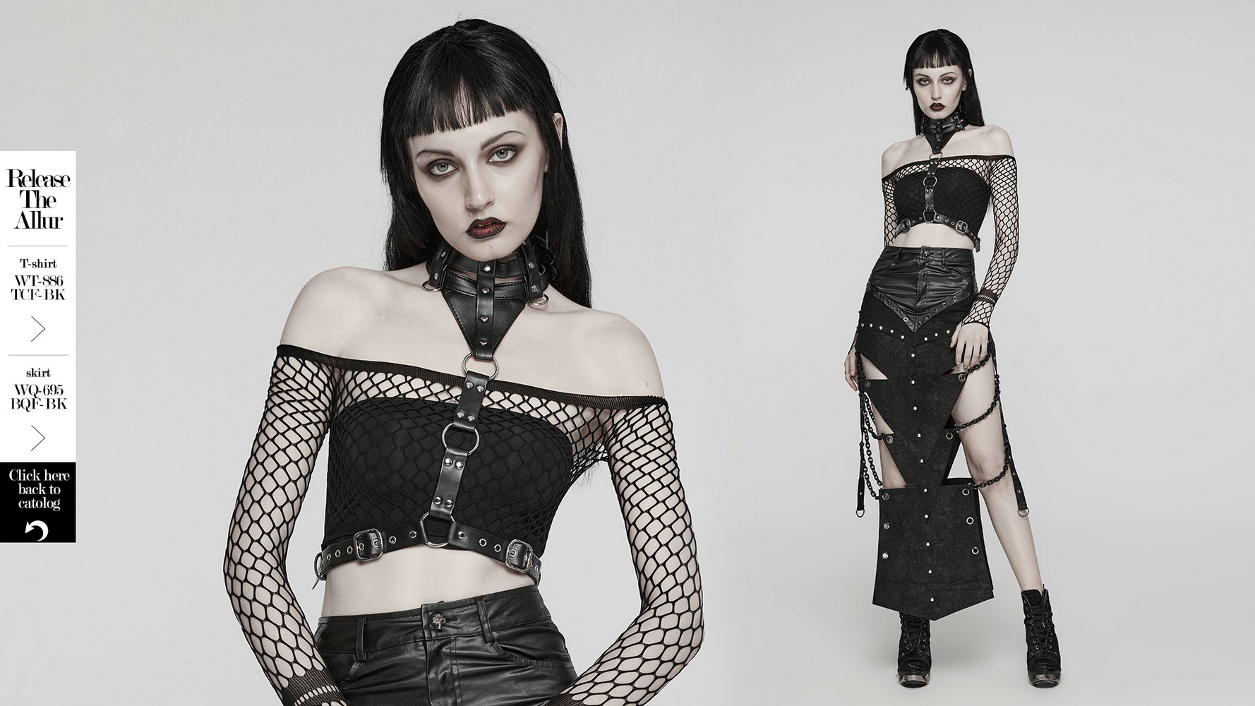 Edgy women's PU leather body harness with choker, featuring a bold hollow-out design and fishnet sleeves.