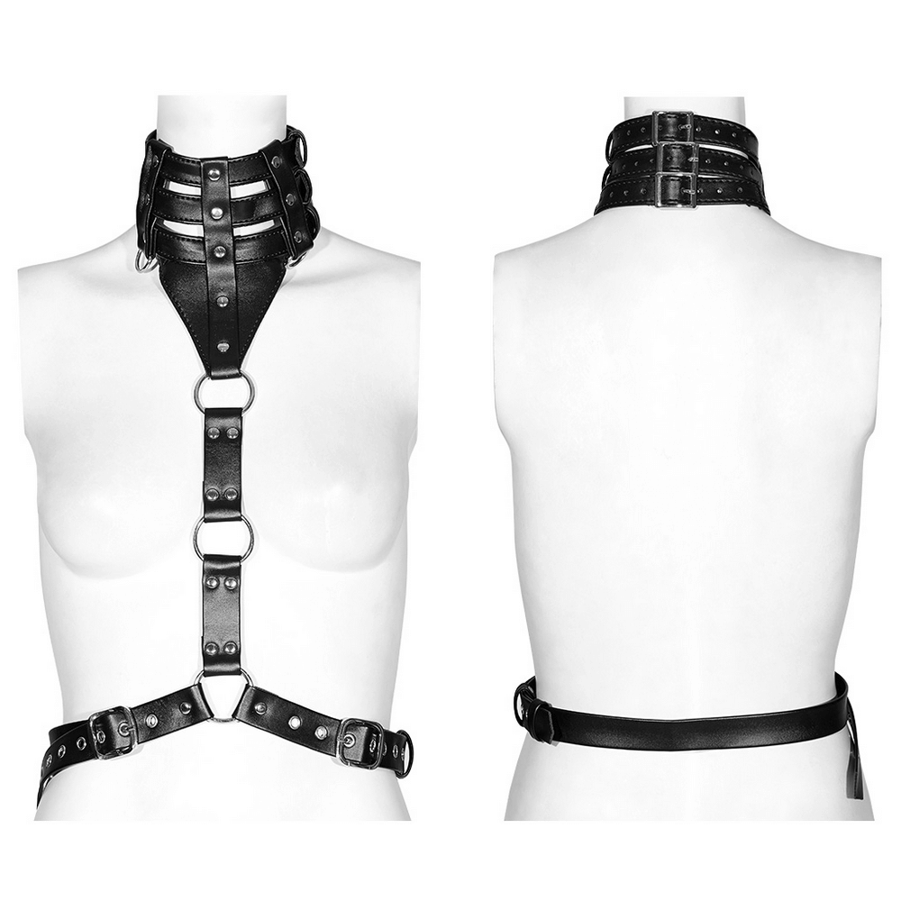 Edgy PU leather body harness with choker showcasing bold hollow-out design and adjustable fit for punk style.