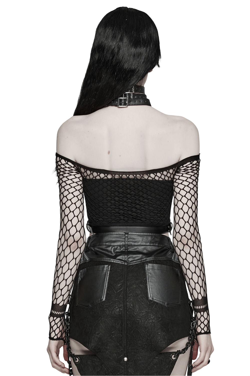 Back view of a woman in a black fishnet top and leather skirt, showcasing an edgy punk style with a choker.