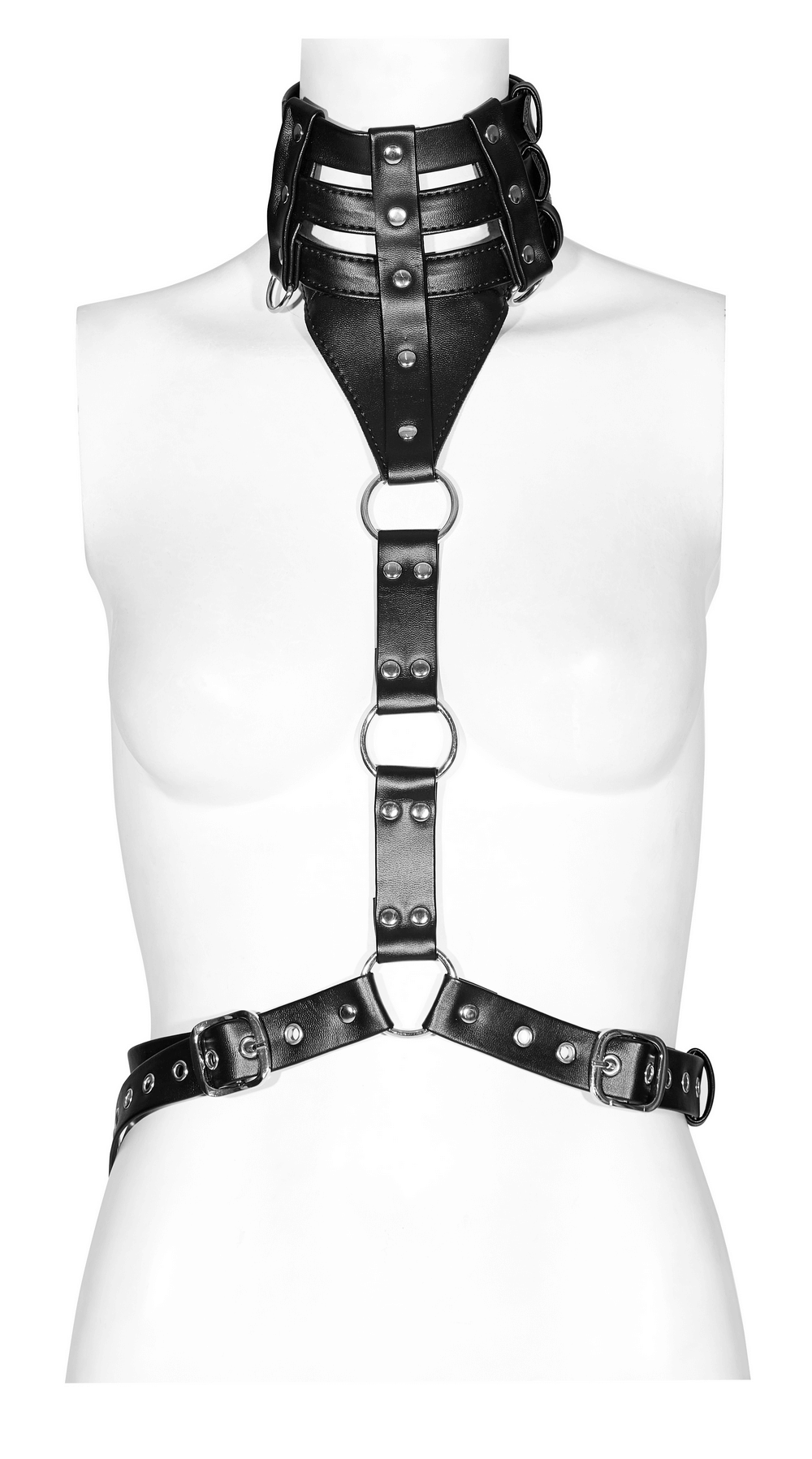 Edgy PU leather body harness with choker, bold hollow-out design and adjustable fit for a punk-inspired style.