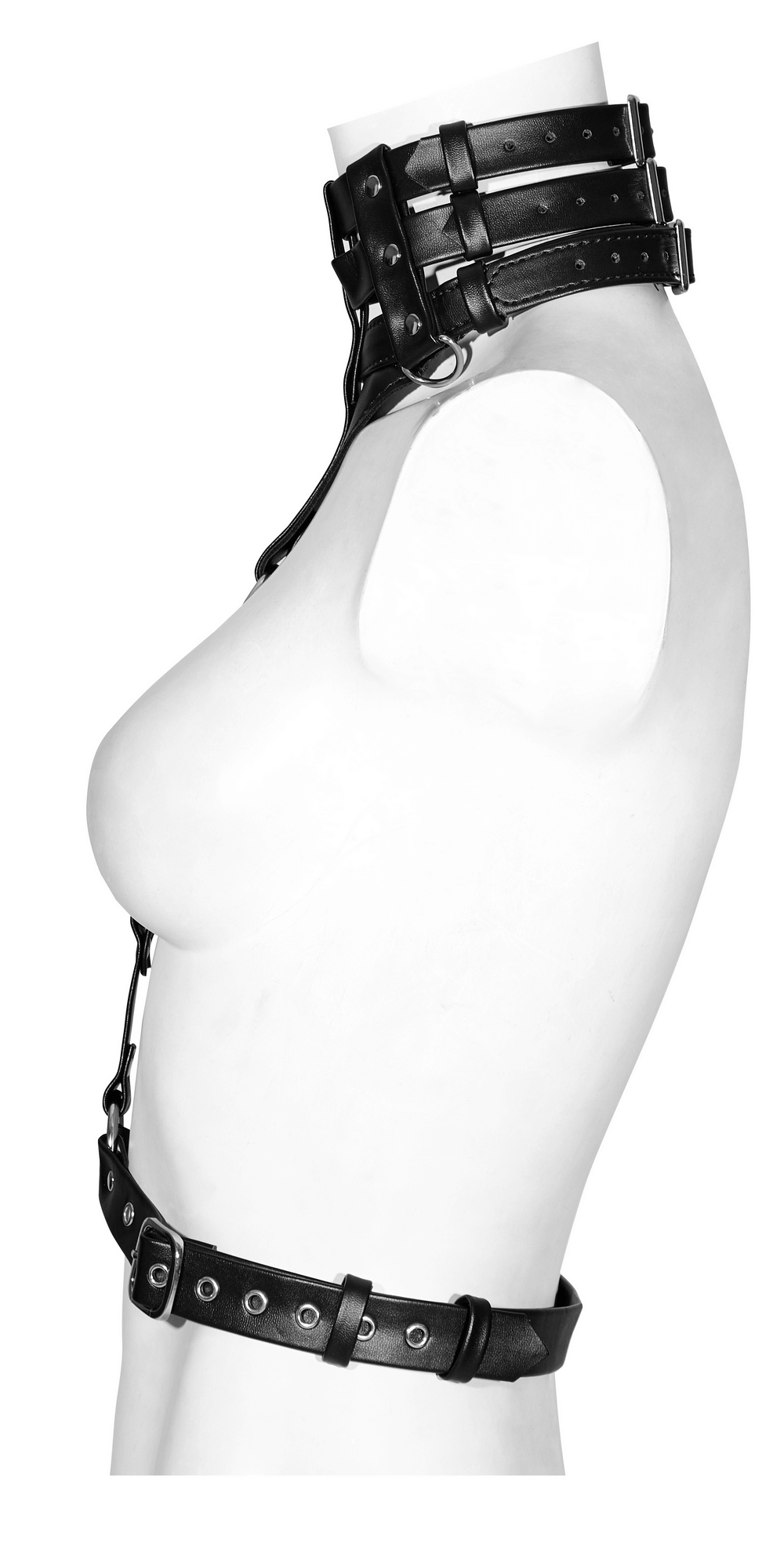 Edgy women's PU leather body harness featuring bold hollow-out design and adjustable fit with choker.