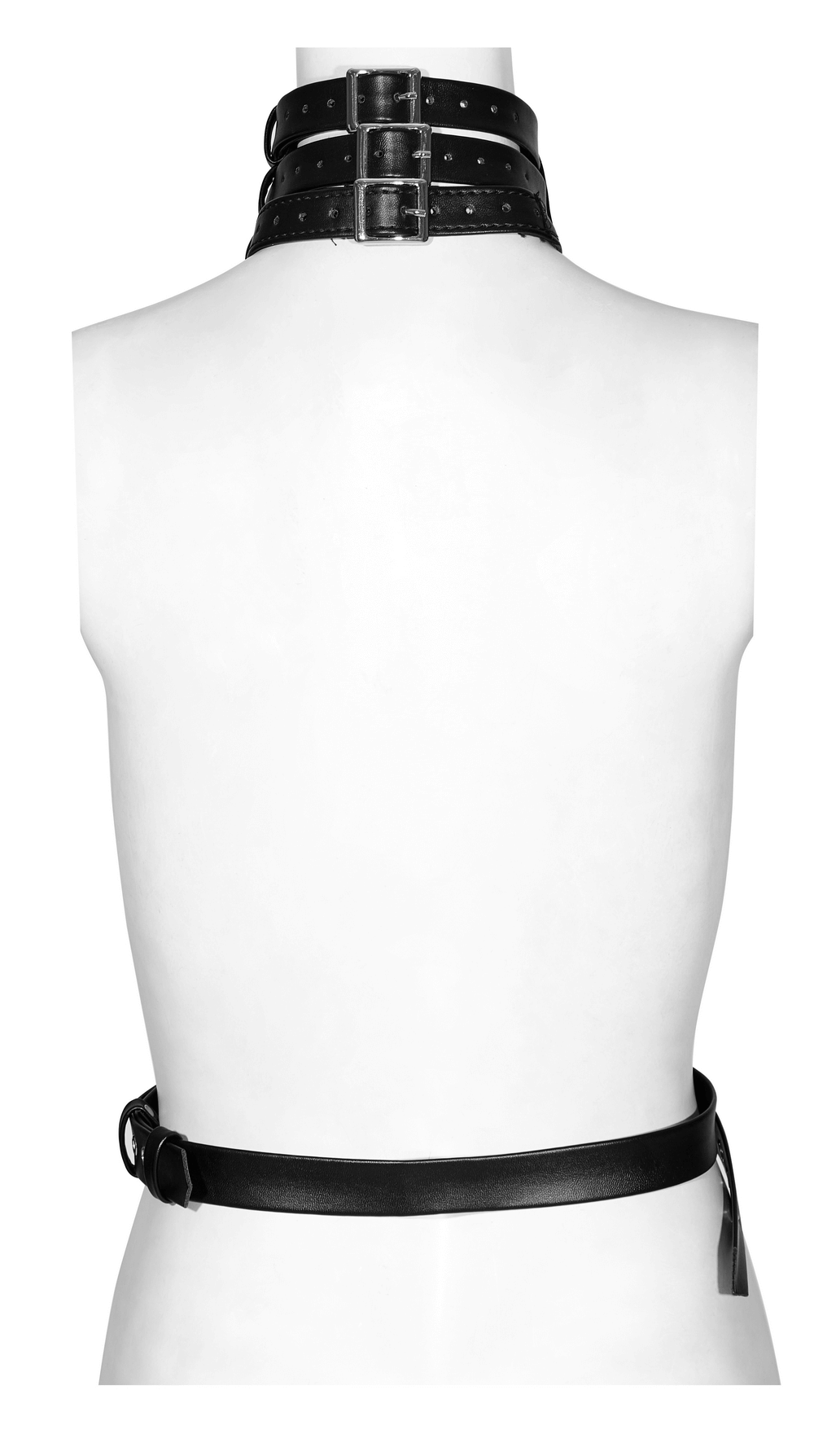 Edgy women's PU leather body harness with choker, showcasing bold buckle design and adjustable fit from the back.