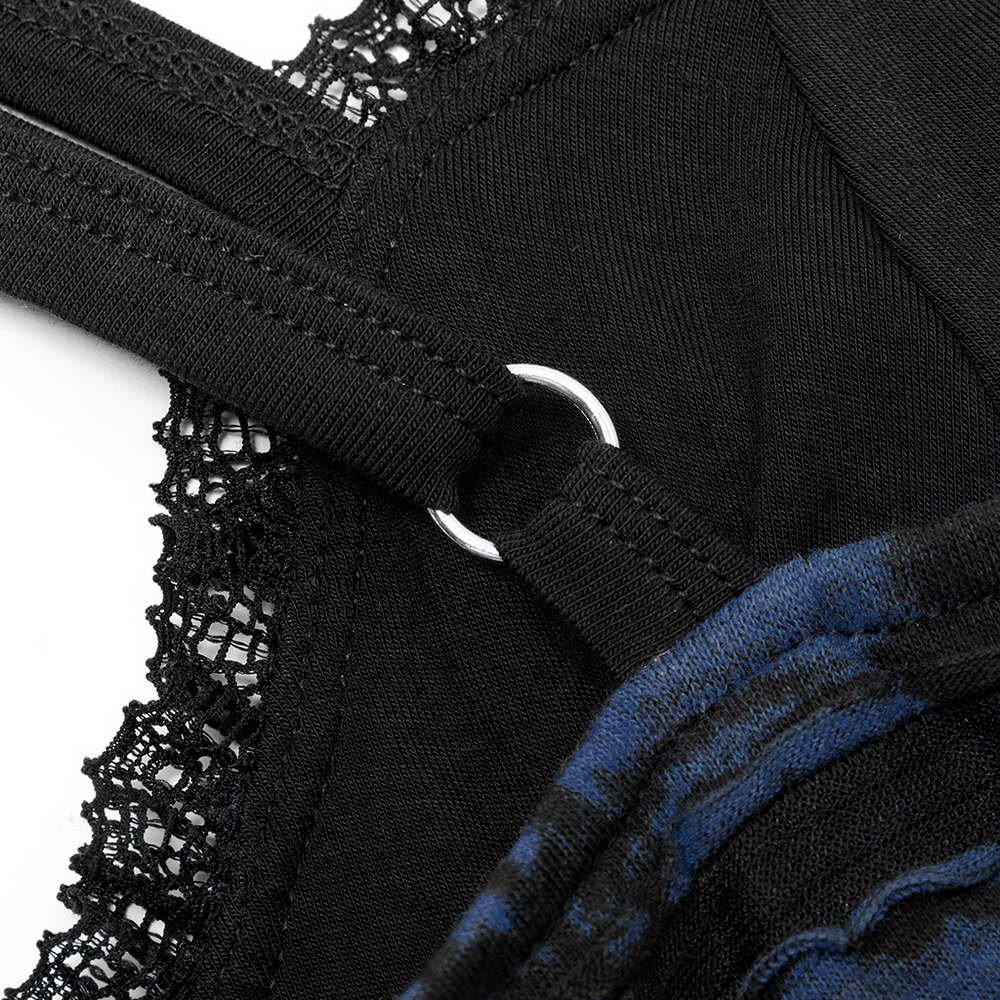 Close-up of adjustable straps and lace detail on Gothic abstract print slip dress, showcasing exquisite craftsmanship.