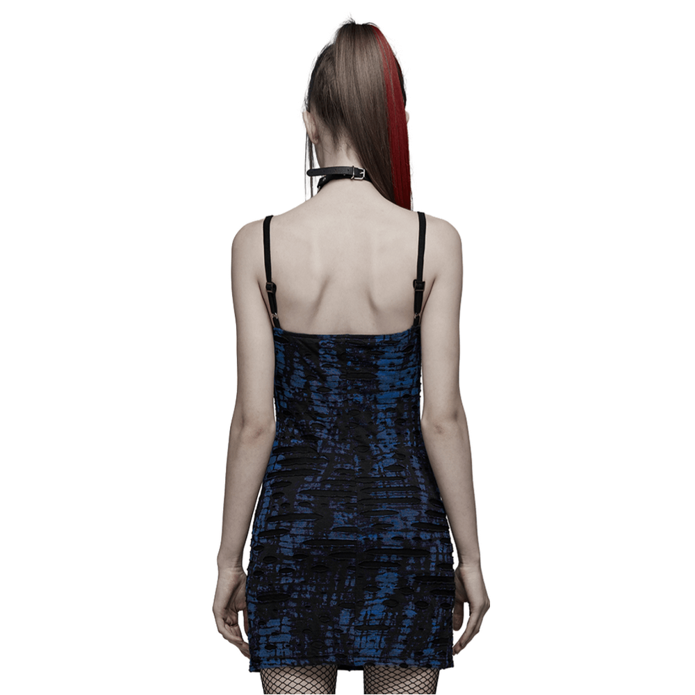 Back view of a Gothic women's sequin mini dress with lace detail, showcasing a stunning blue abstract print.