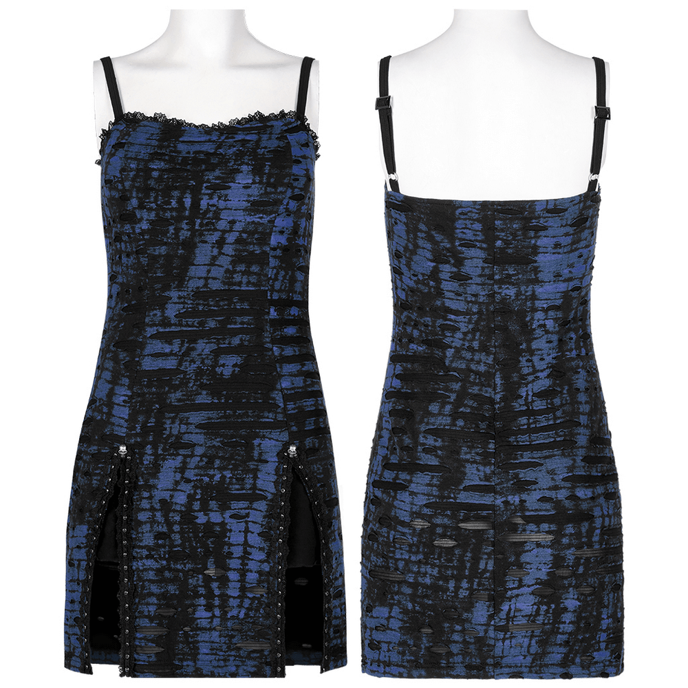 Edgy women's sequin mini dress featuring Gothic abstract print and lace detail, showcasing striking blue tones and adjustable straps.