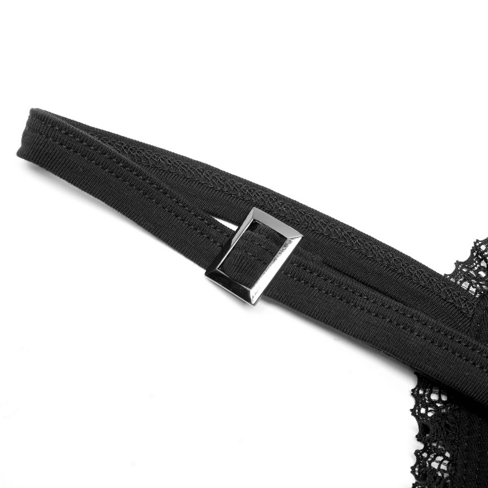 Close-up of adjustable black lace strap with silver buckle for a chic and elegant look.