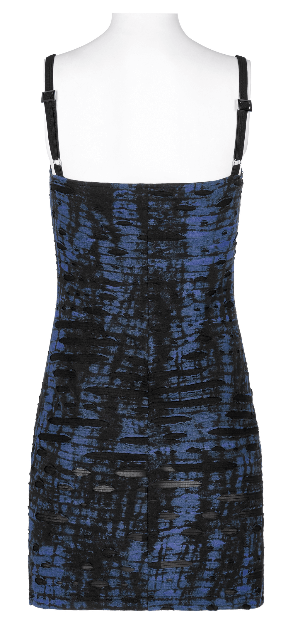 Back view of edgy women's sequin mini dress with lace detail featuring a striking blue abstract print.
