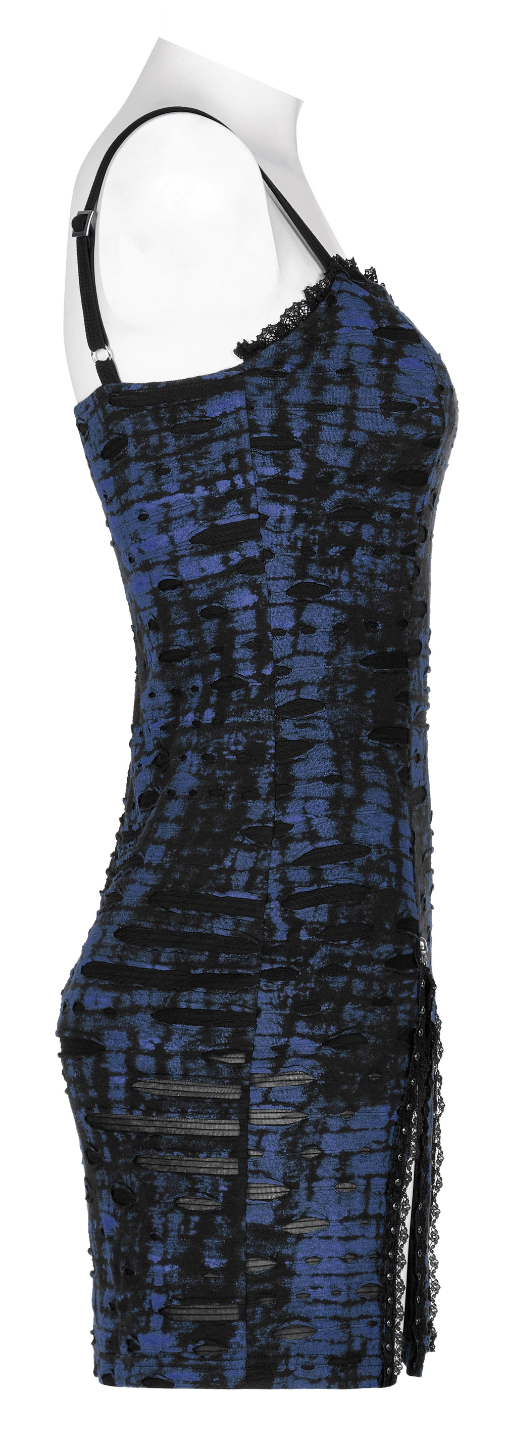 Edgy women's sequin mini dress with lace detail, showcasing gothic abstract print and adjustable straps.