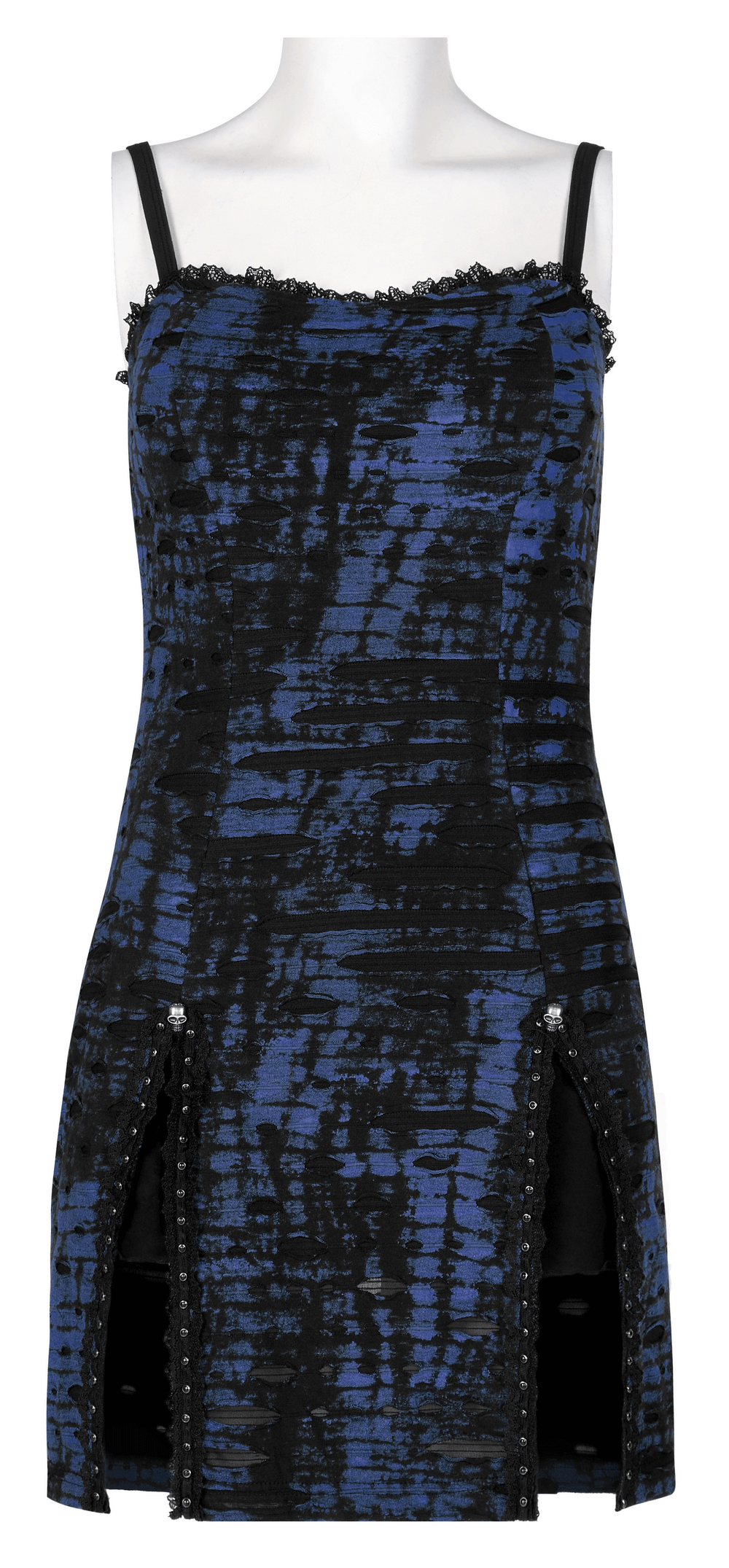 Gothic women's sequin mini dress featuring blue abstract print and lace detailing, perfect for bold fashion statements.
