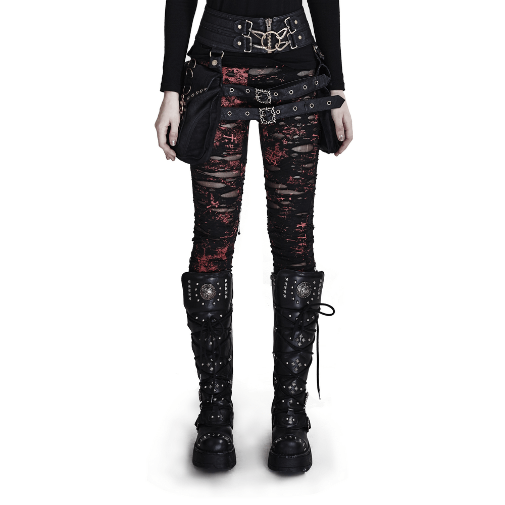 Edgy women's ripped black mesh leggings with red underlay for punk rock style.