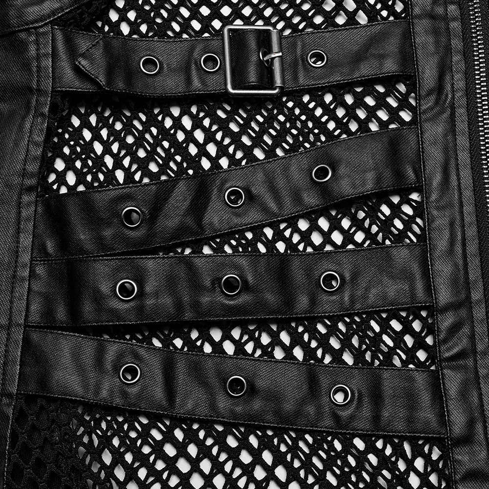 Close-up of edgy black mesh vest featuring leather loops and buckle details for a punk style.