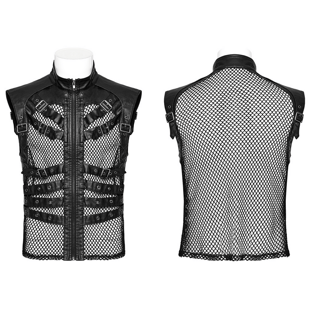 Edgy black punk leather vest with mesh back, stylish zipper design and bold strap details for men.