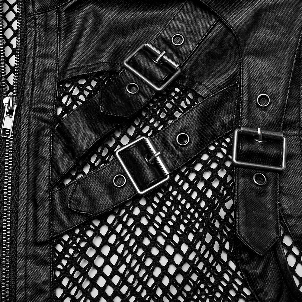 Edgy black punk leather vest with mesh back and stylish buckle details.