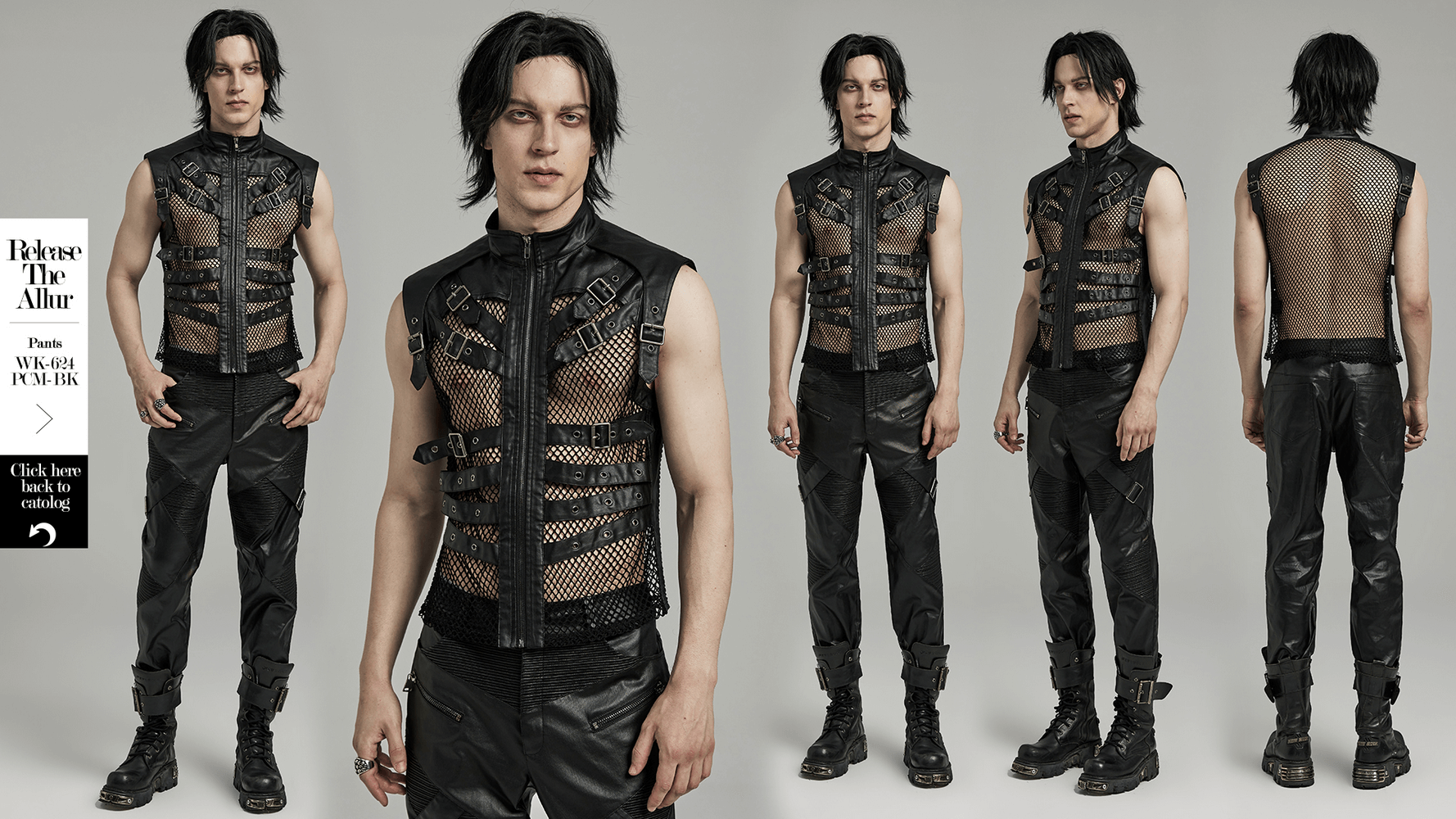 Stylish black punk leather vest with mesh back, showcasing edgy rockstar fashion for men.