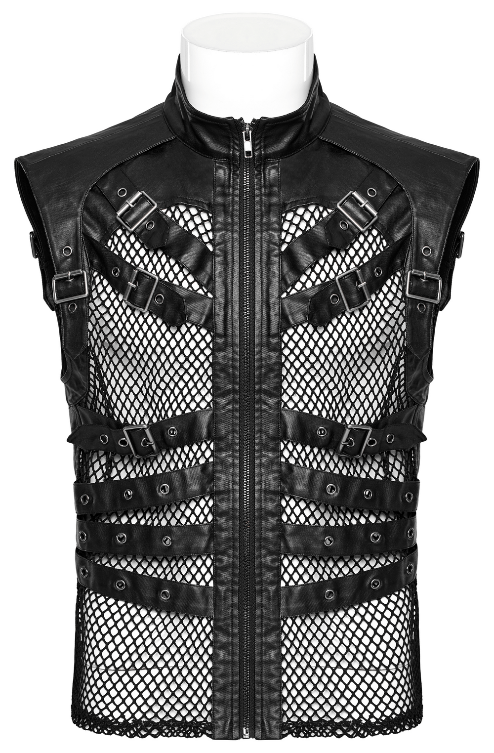 Edgy black punk leather vest with mesh back and zippered front for a rockstar look.