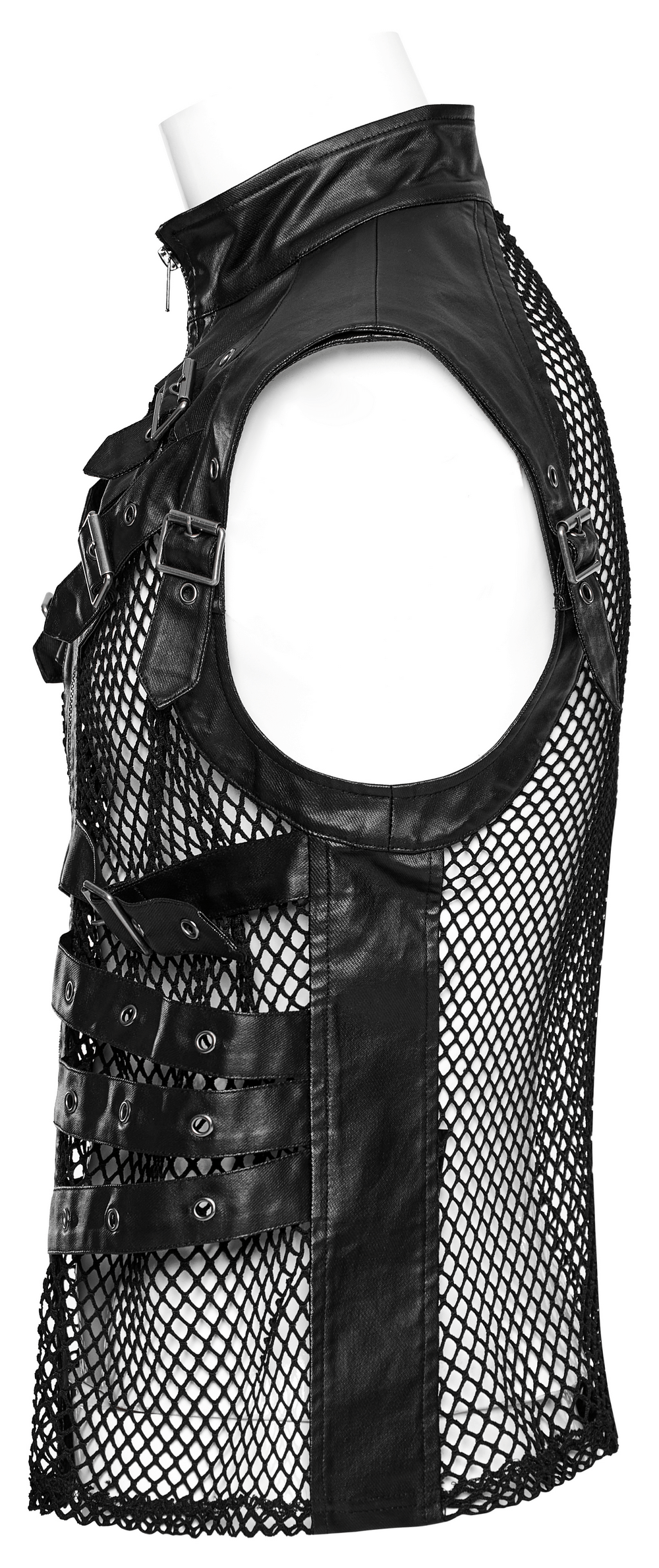 Edgy Zippered Black Punk Leather Vest With Mesh Back