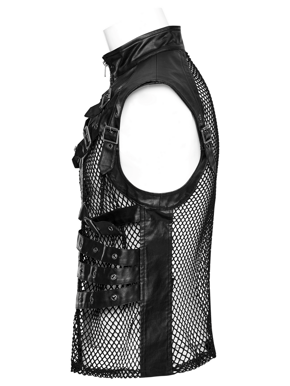 Edgy black punk leather vest with mesh back, showcasing a stylish zipper design for men.