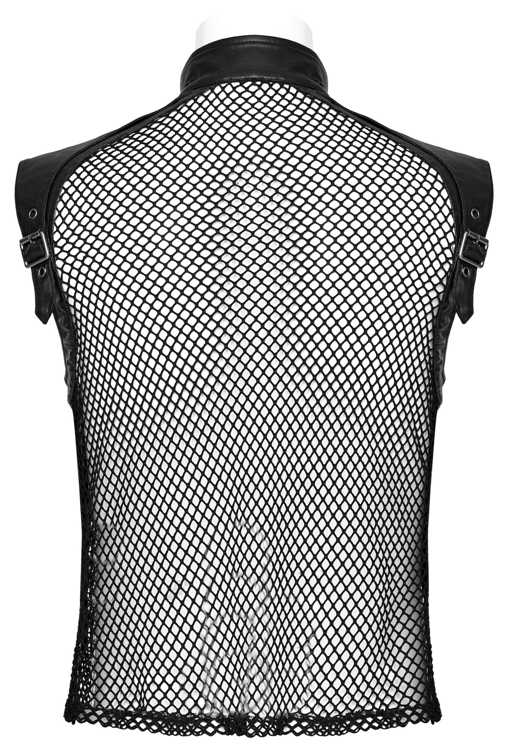 Edgy black punk leather vest with mesh back, showcasing a stylish and unique rockstar vibe.