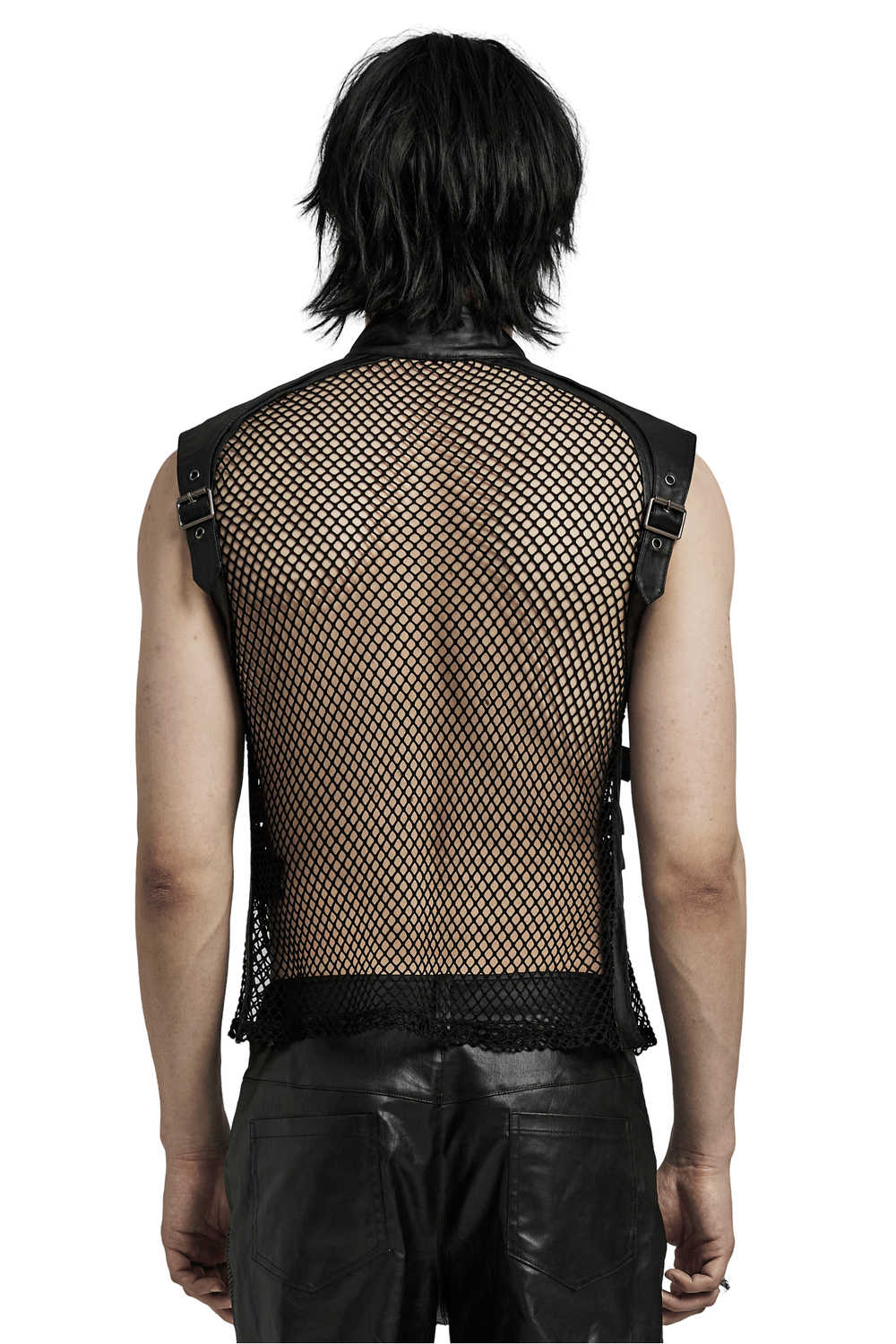 Back view of an edgy black punk leather vest with mesh design for men, showcasing a bold rockstar style.