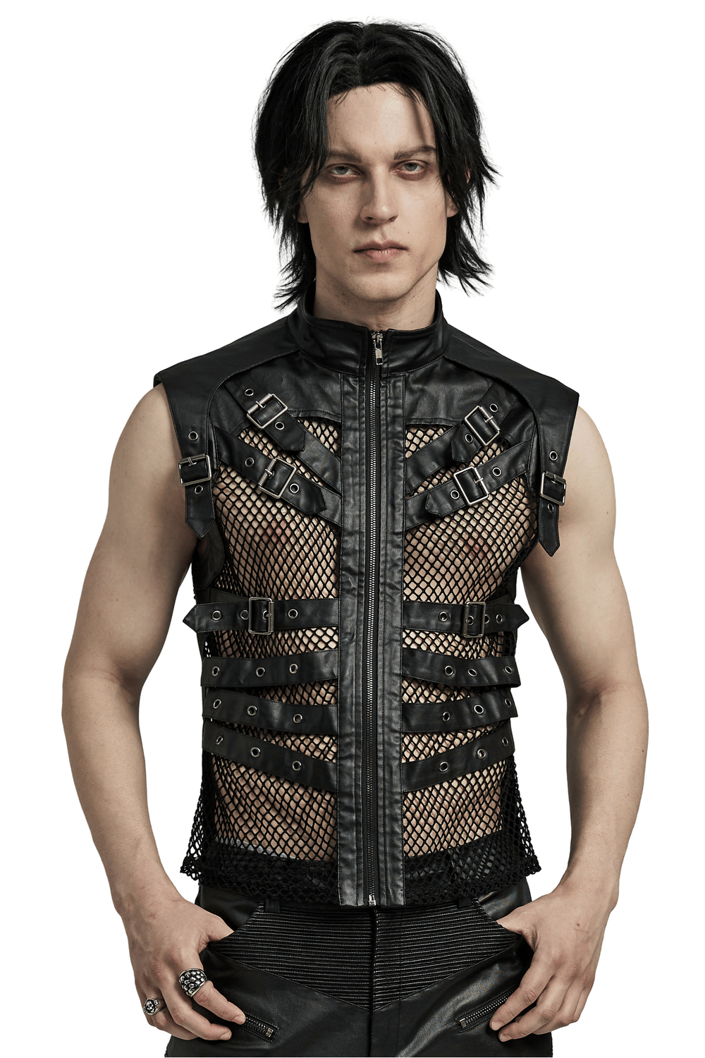 Edgy black punk leather vest with mesh back for men, featuring a stylish front zipper and bold straps.