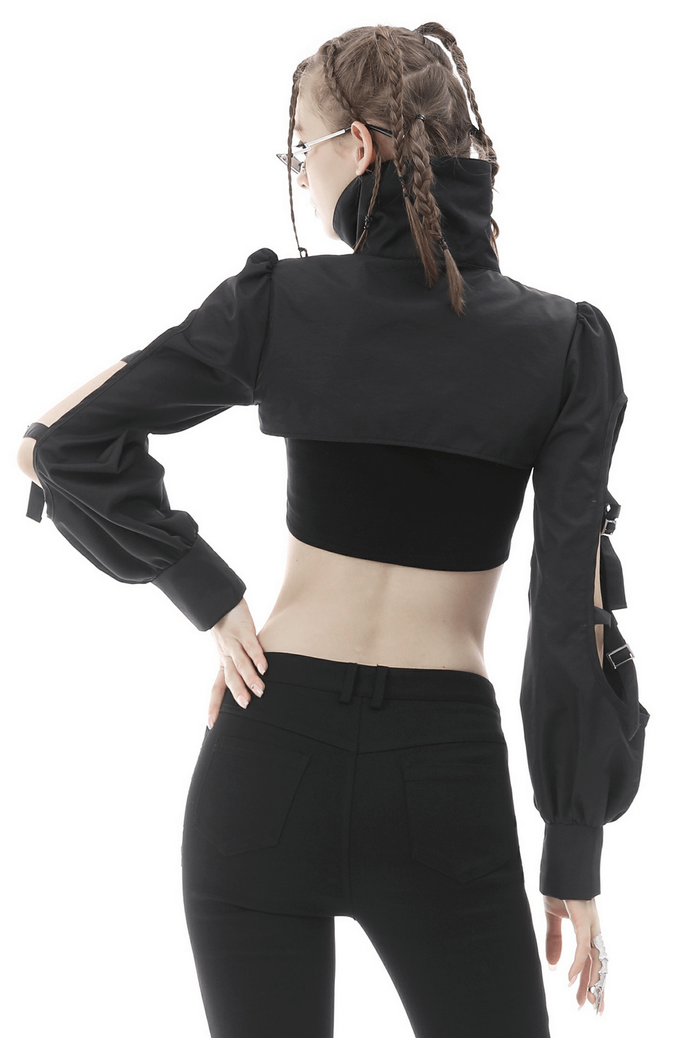 Edgy Zippered Bolero Jacket with Cut-Out Long Sleeves