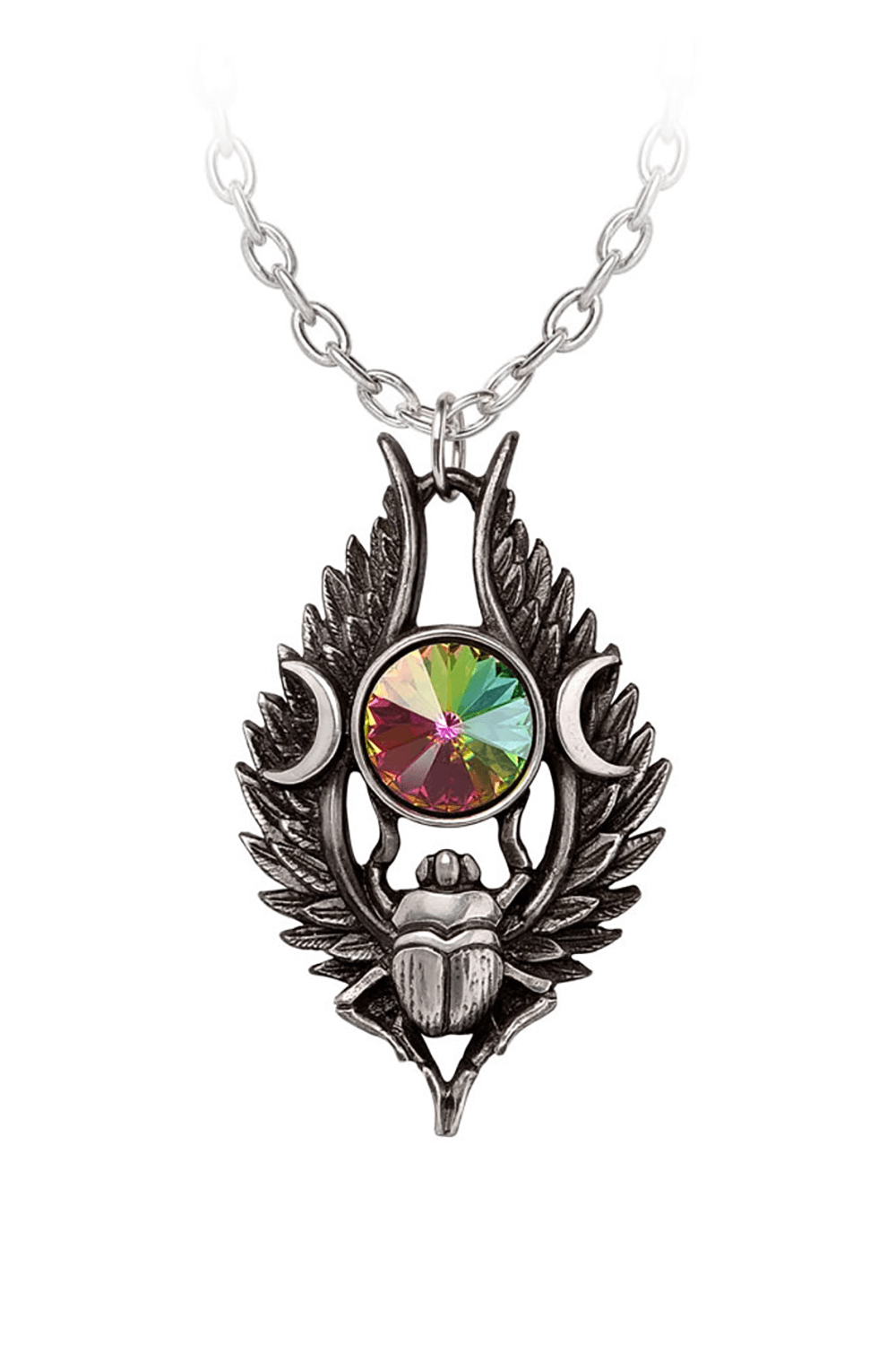 Egyptian Scarab Pendant with Crystal and Moon Motifs, handcrafted pewter pendant featuring scarab and crystal.
