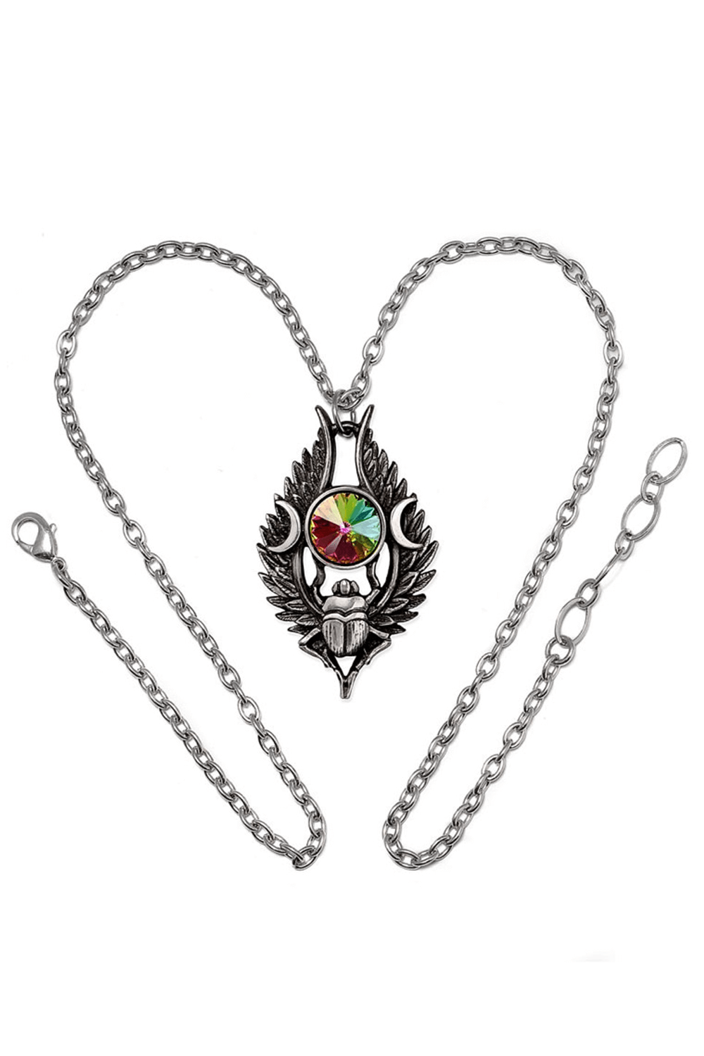 Egyptian Scarab Pendant with Crystal and Moon Motifs showcasing a pewter pendant with a multicolored crystal.