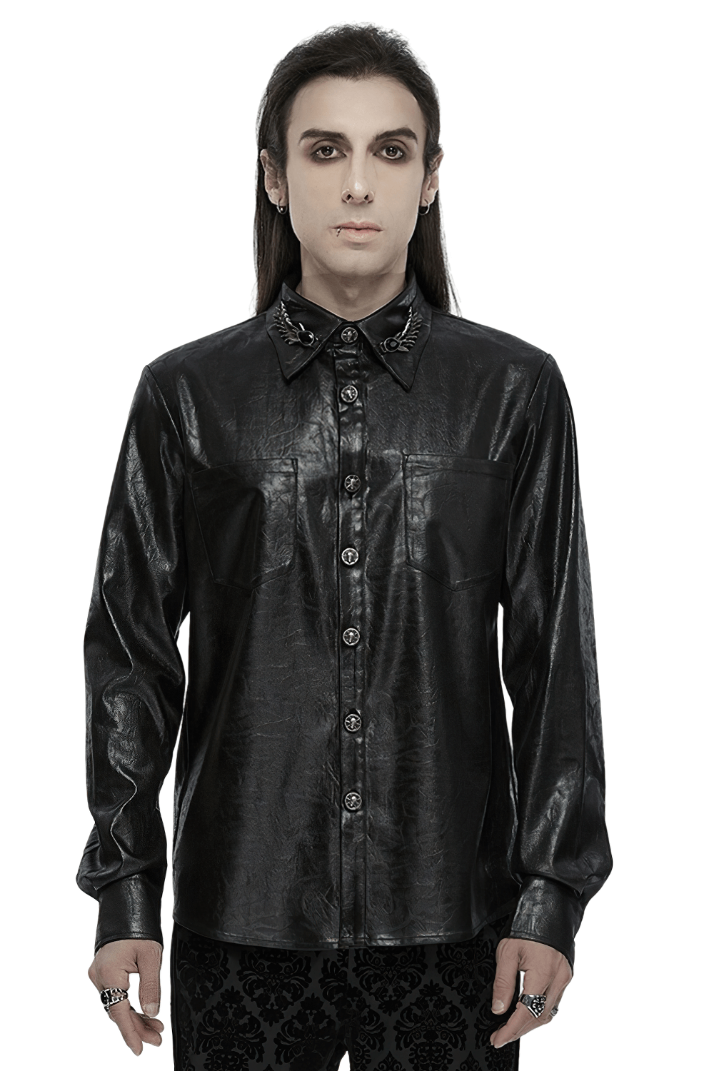 Elegant gothic men's leather shirt with skull buckles and dragon scale collar detail, perfect for bold fashion statements.