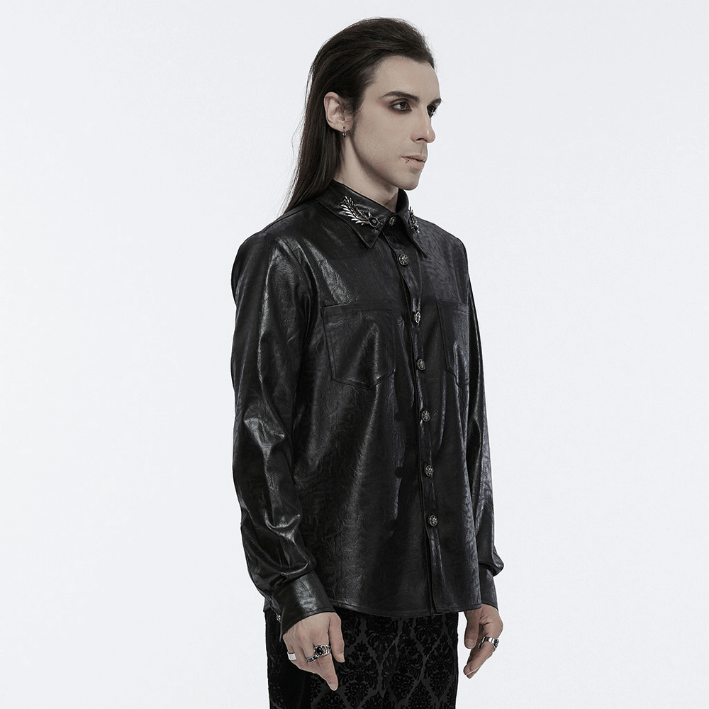 Elegant men's gothic leather shirt with skull buckles, perfect for a bold and stylish wardrobe upgrade.