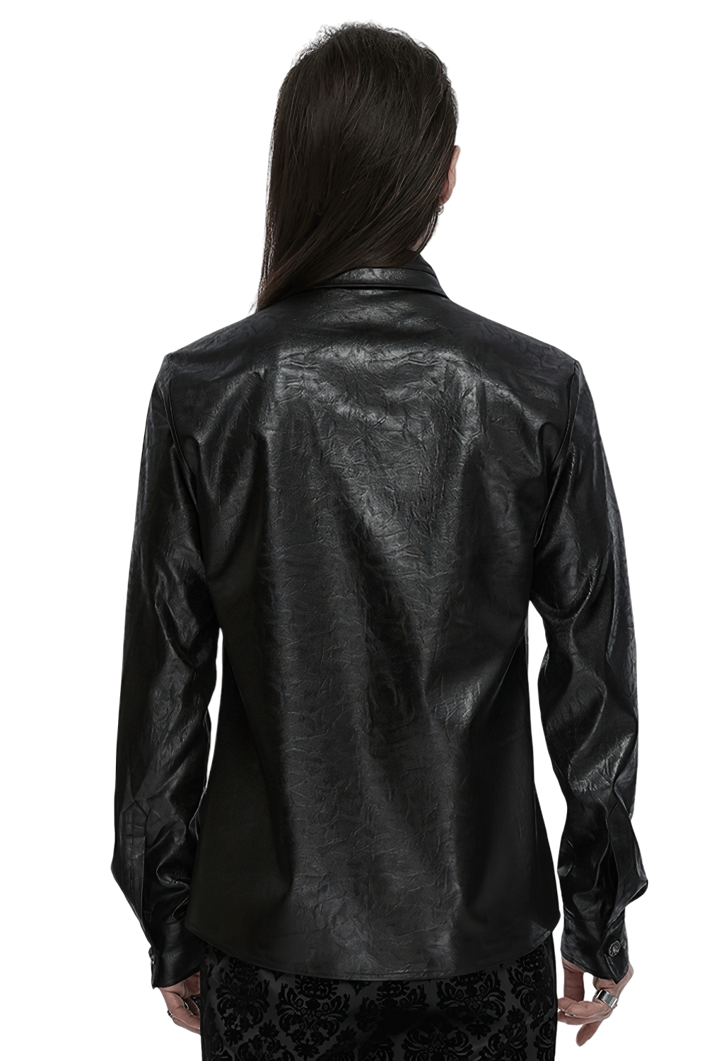 Back view of an elegant men's gothic leather shirt with unique texture and sleek design, perfect for bold style.