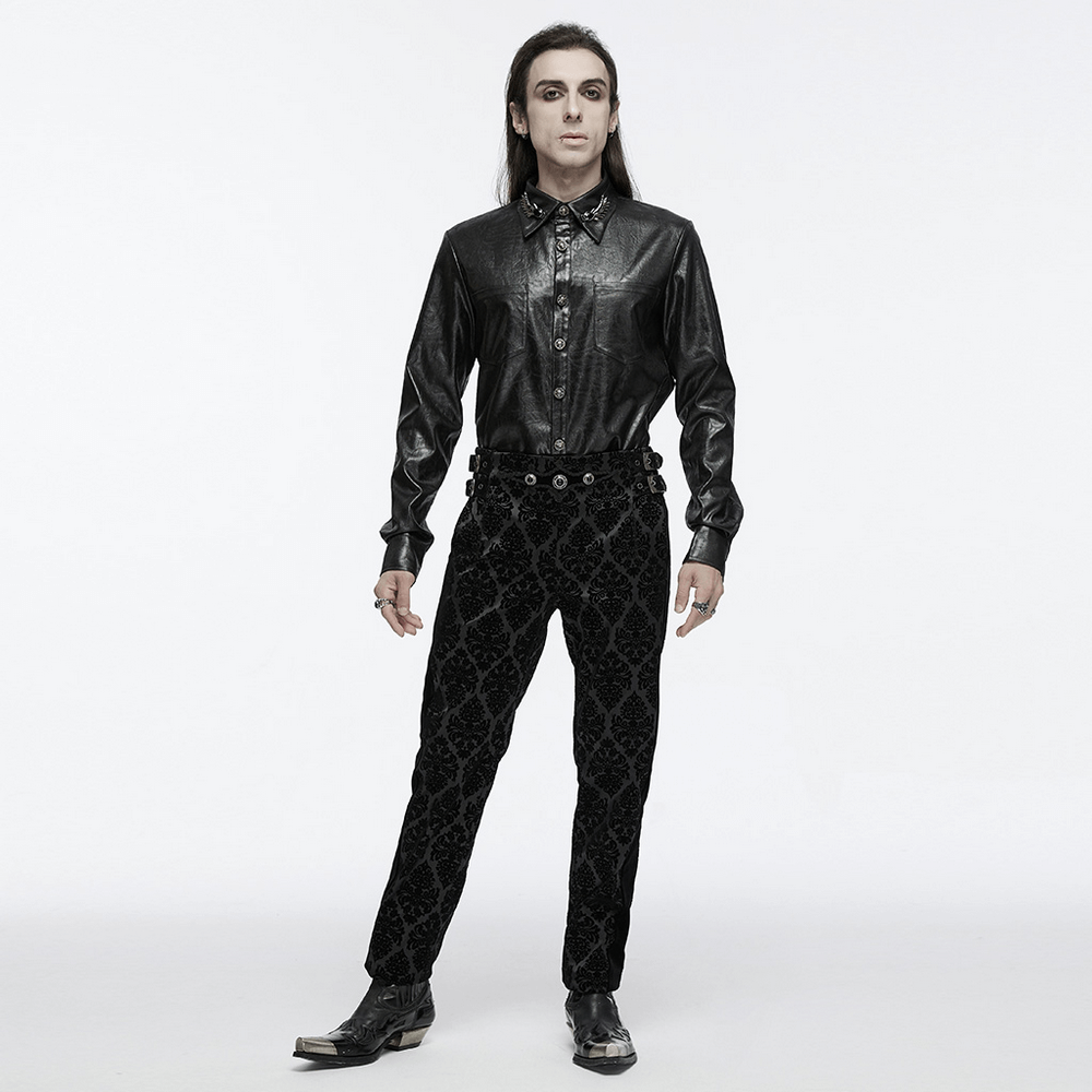 Elegant men's gothic leather shirt with skull buckles paired with stylish black pants for a bold fashion statement.